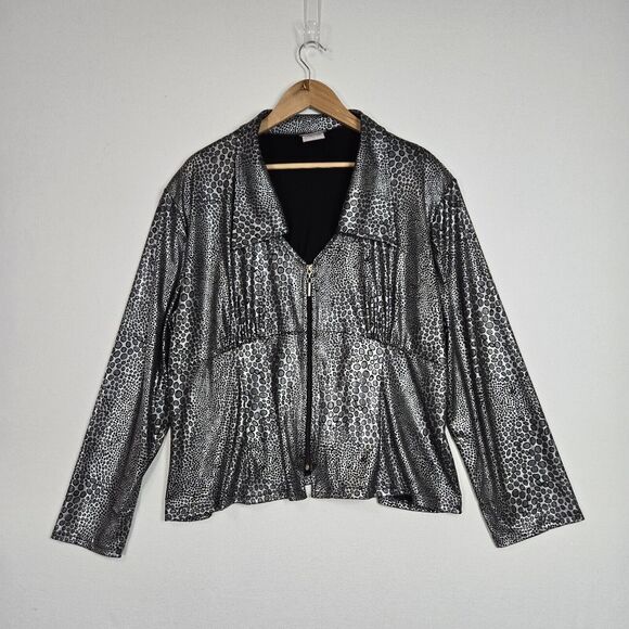Artex Fashions Jacket Sz 2X Black Silver Metallic Animal Print Slinky Zip Up - Picture 14 of 14